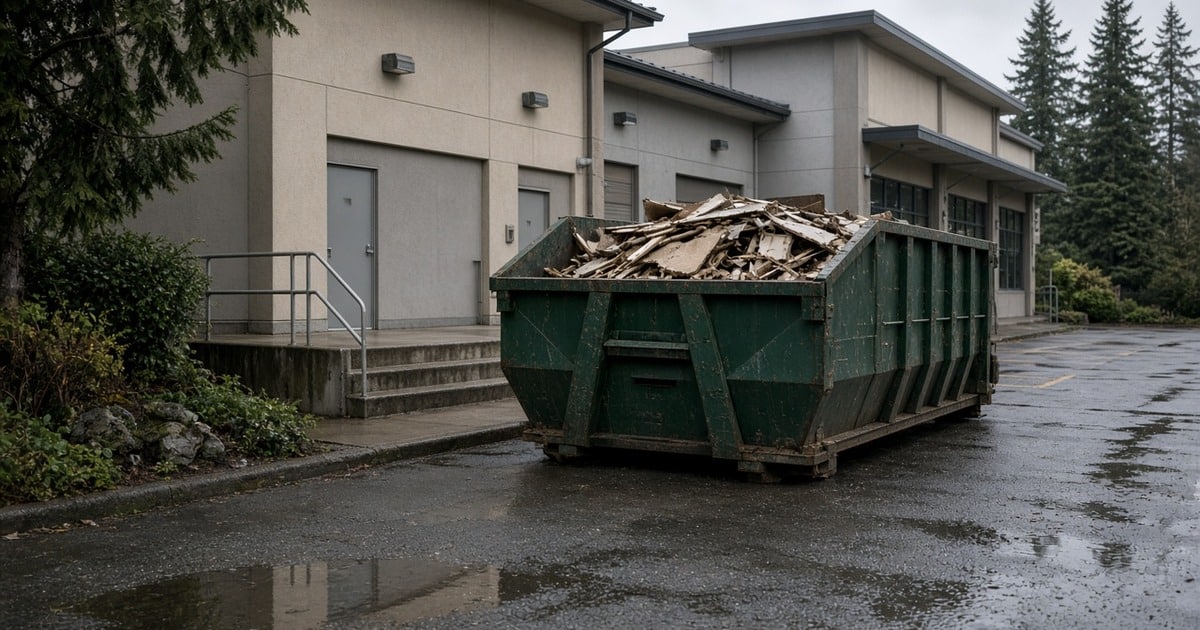 Roll-off dumpster behind a commercial loading area
