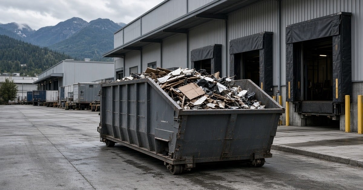 Dumpster at a warehouse loading dock in an industrial park