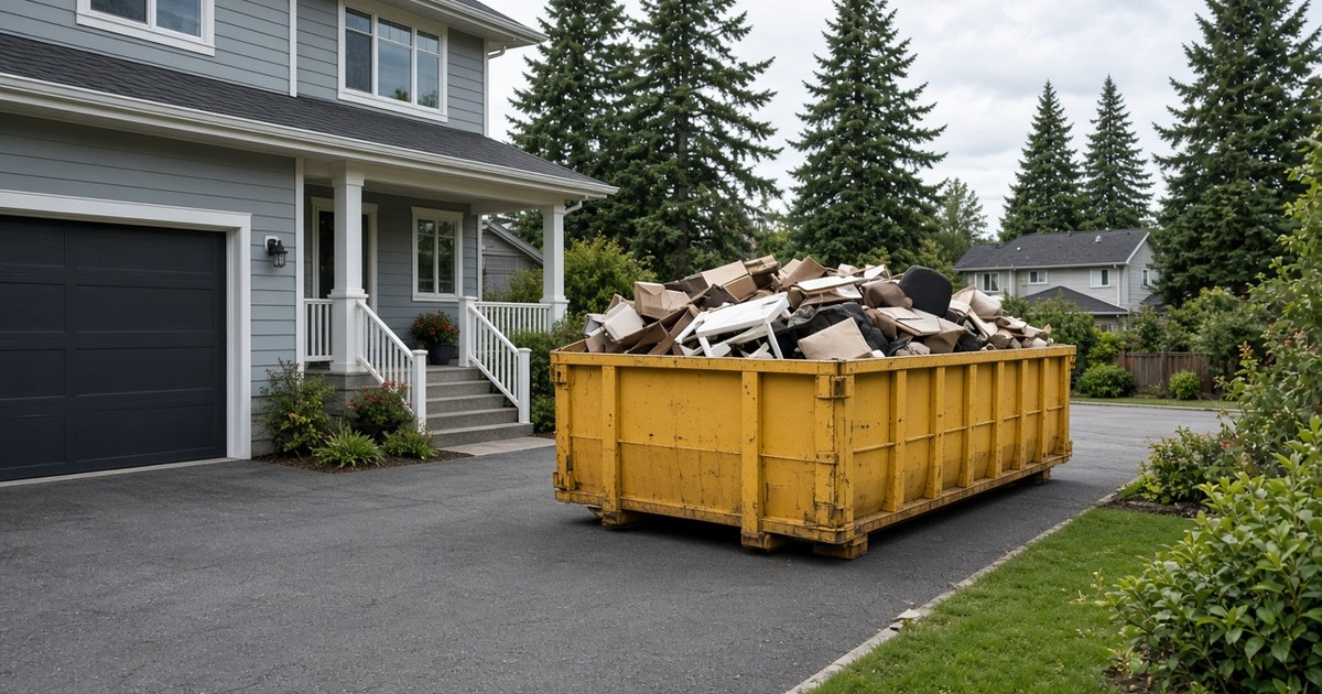 Yellow dumpster filled with household cleanout debris on a driveway