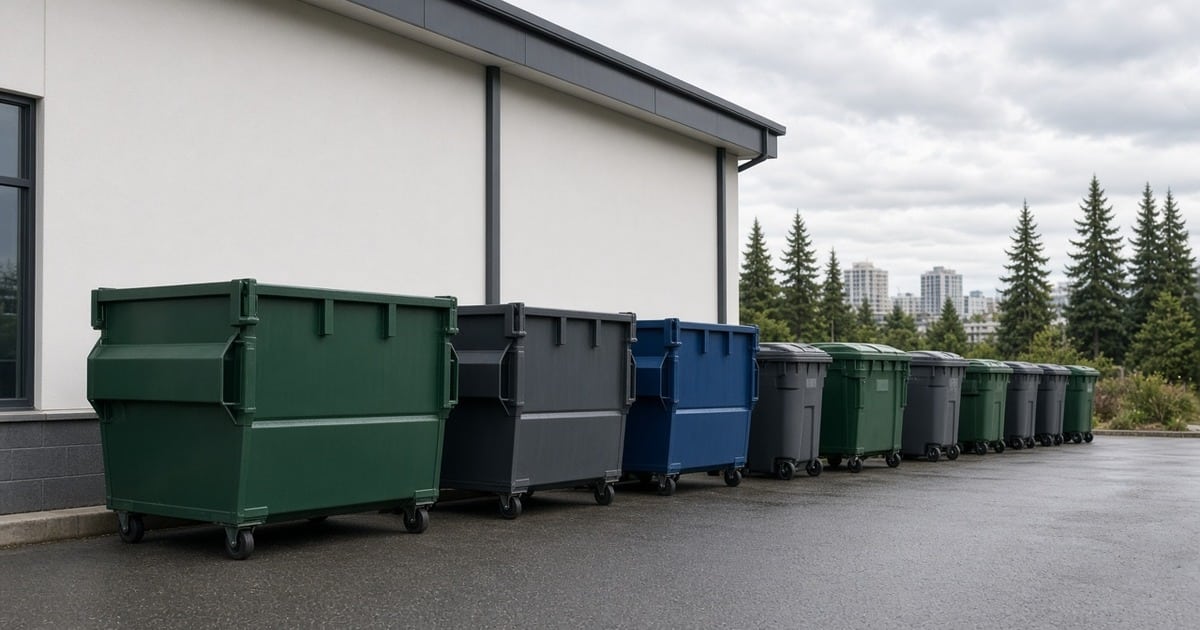 Row of commercial dumpsters and wheeled trash bins
