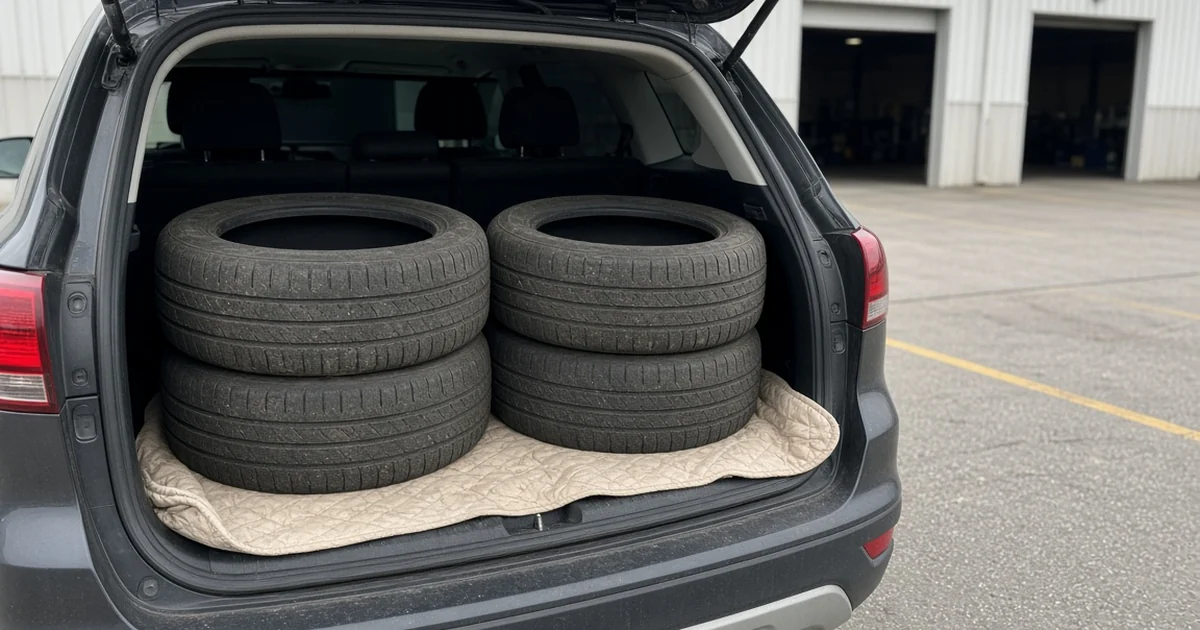 Four old car tires, off their rims, in the back of an SUV ready for a return-to-retailer drop-off.