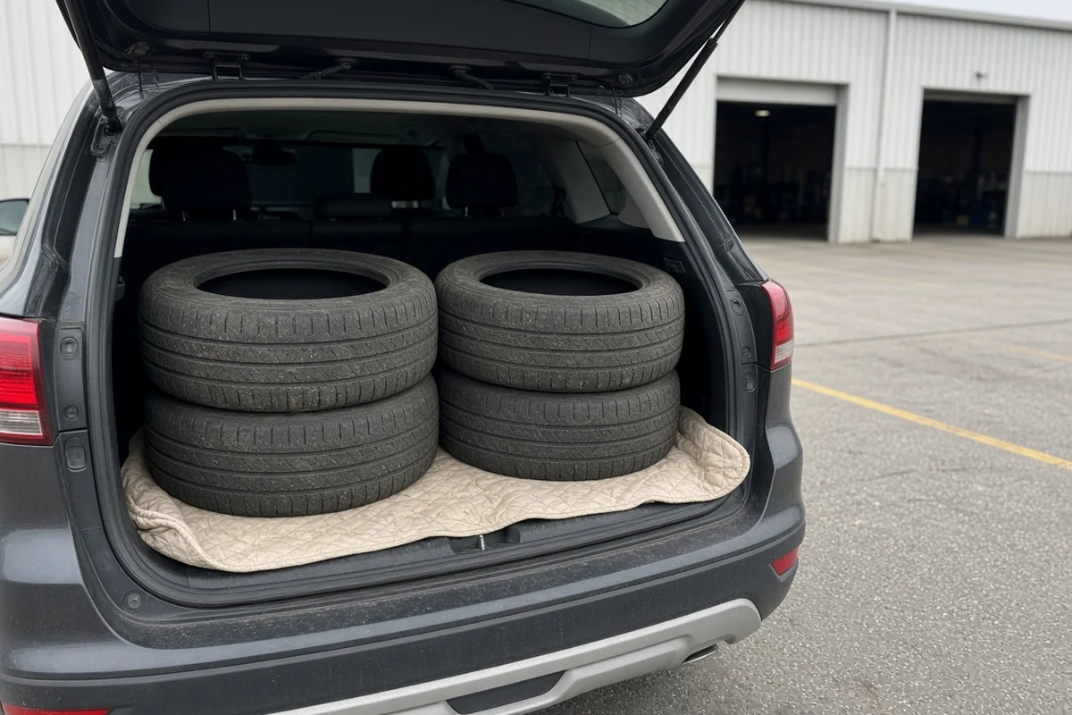 Four old car tires, off their rims, in the back of an SUV ready for a return-to-retailer drop-off.