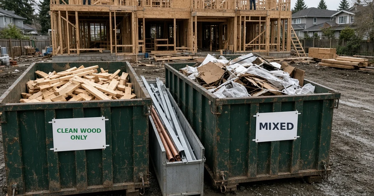 Job site with separate Trash King bins signed for clean wood and mixed waste, plus a metal tote.