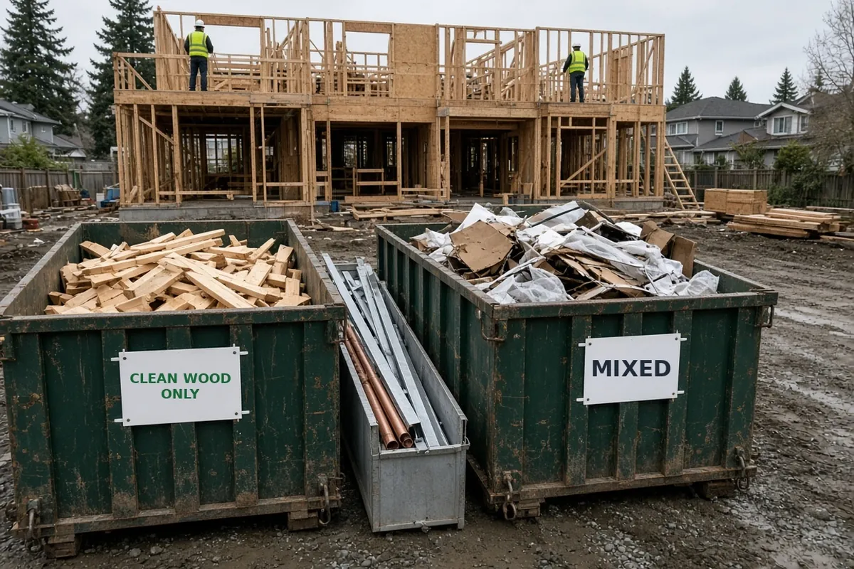 Job site with separate Trash King bins signed for clean wood and mixed waste, plus a metal tote.