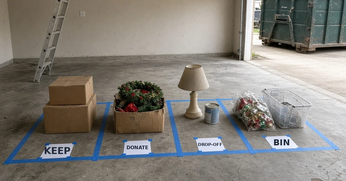 Attic boxes sorted into keep, donate, drop-off and bin zones in a garage with a Trash King bin outside.