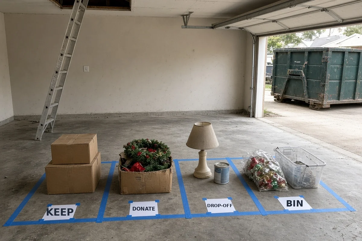 Attic boxes sorted into keep, donate, drop-off and bin zones in a garage with a Trash King bin outside.