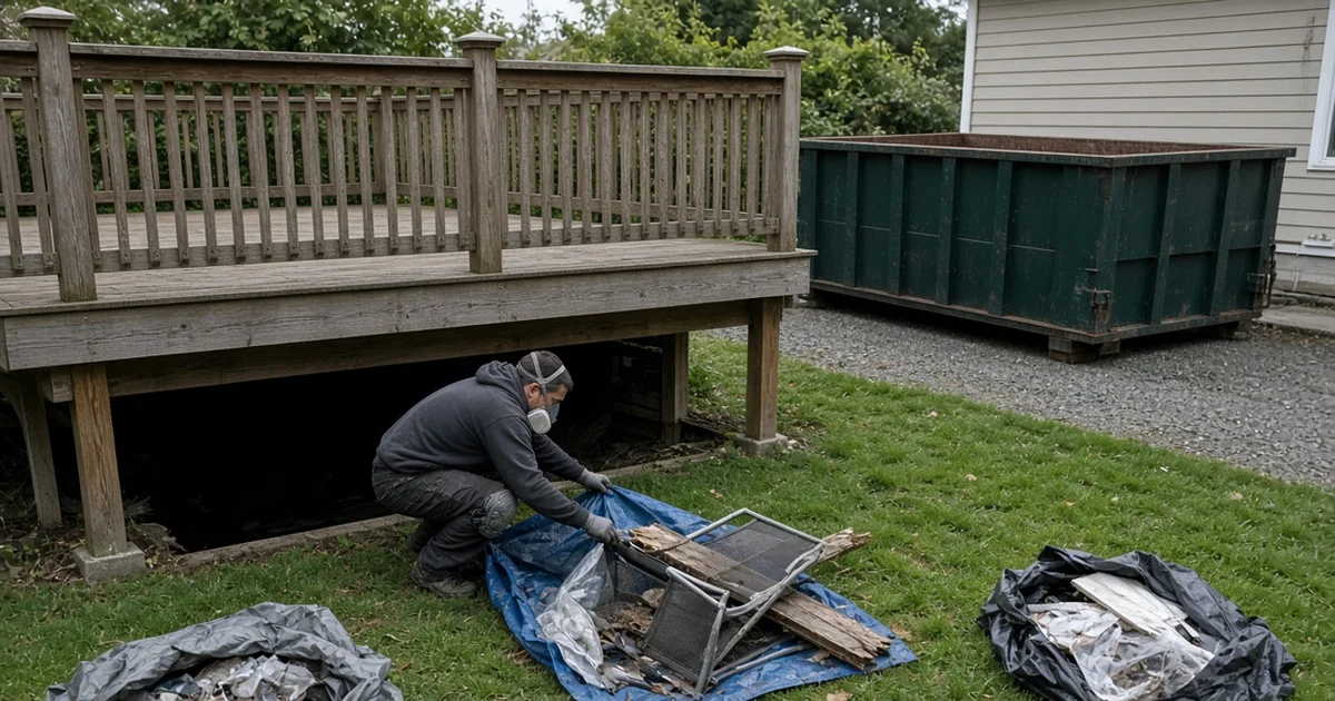 Homeowner pulling a tarp of stored items out of a crawlspace toward a Trash King bin.