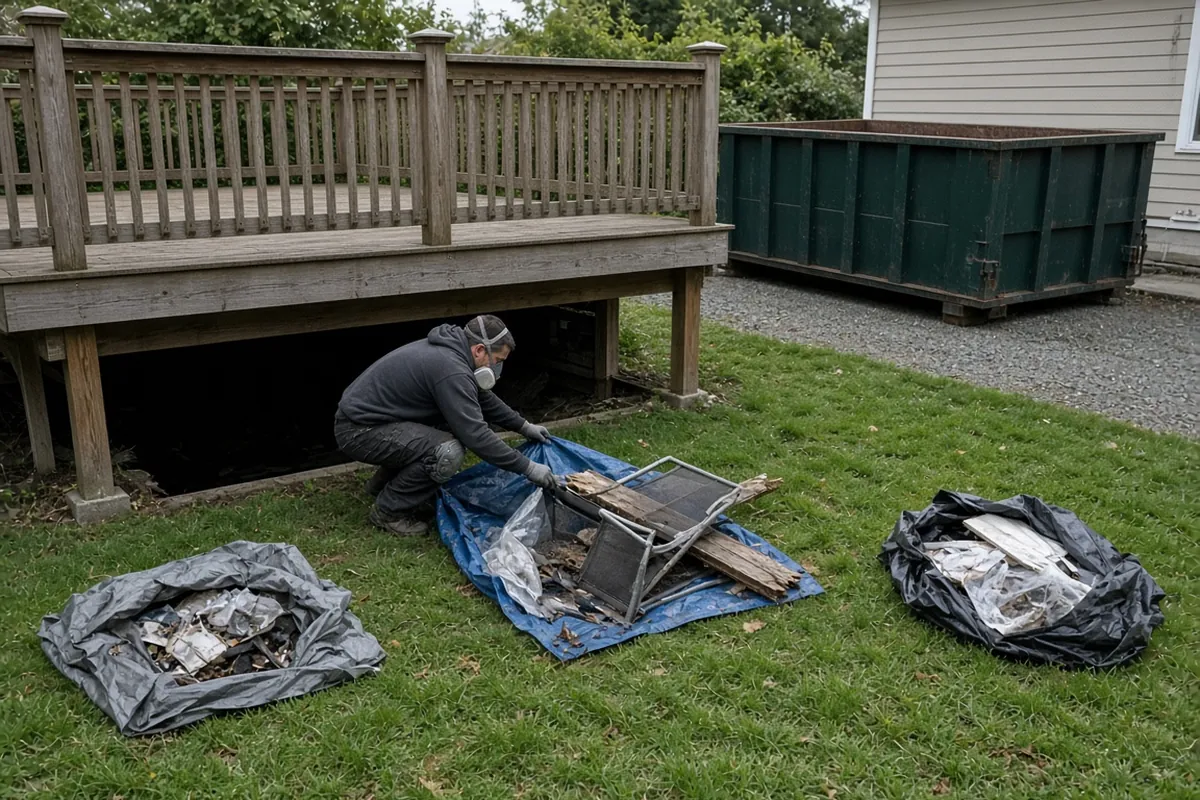 Homeowner pulling a tarp of stored items out of a crawlspace toward a Trash King bin.