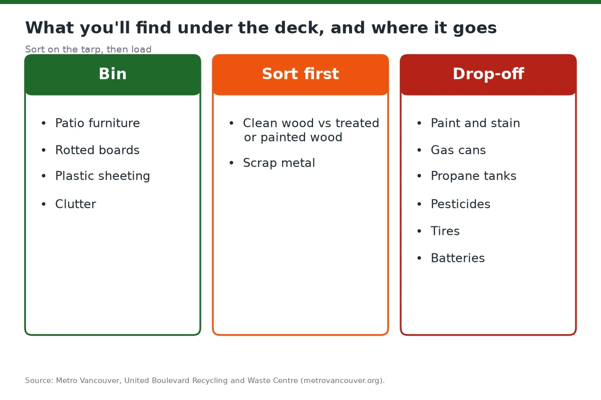 Table sorting under-deck finds into bin, sort-first and drop-off columns.
