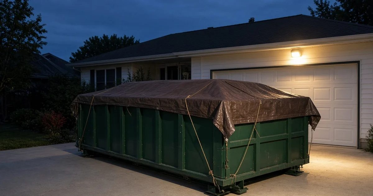 Tarped Trash King bin on a lit driveway at dusk, close to the house.