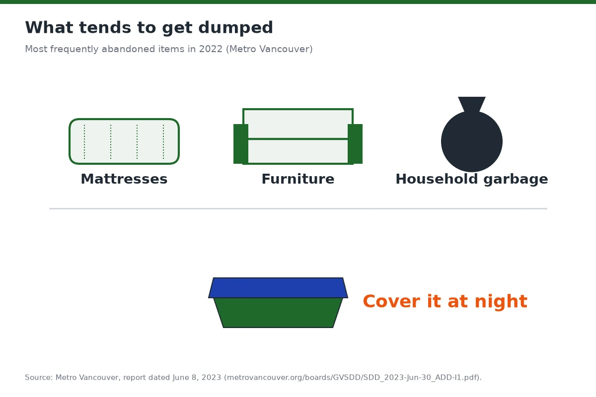 Icons for mattresses, furniture and household garbage, the items most often dumped in Metro Vancouver.