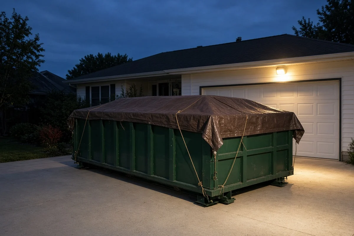 Tarped Trash King bin on a lit driveway at dusk, close to the house.