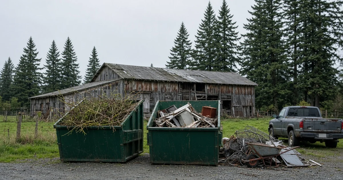 Two Trash King bins on a gravel pad at a rural property, one with brush and one with shed junk, beside a scrap pile.