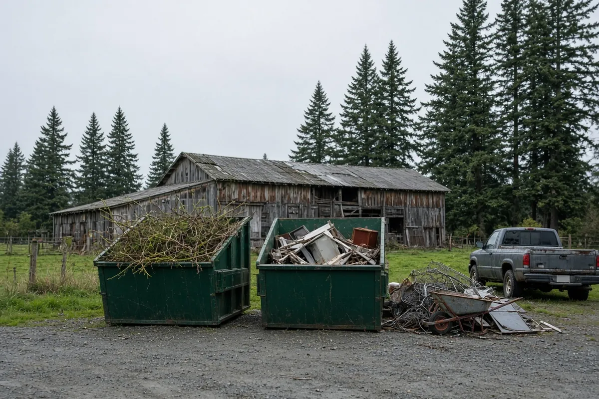 Two Trash King bins on a gravel pad at a rural property, one with brush and one with shed junk, beside a scrap pile.