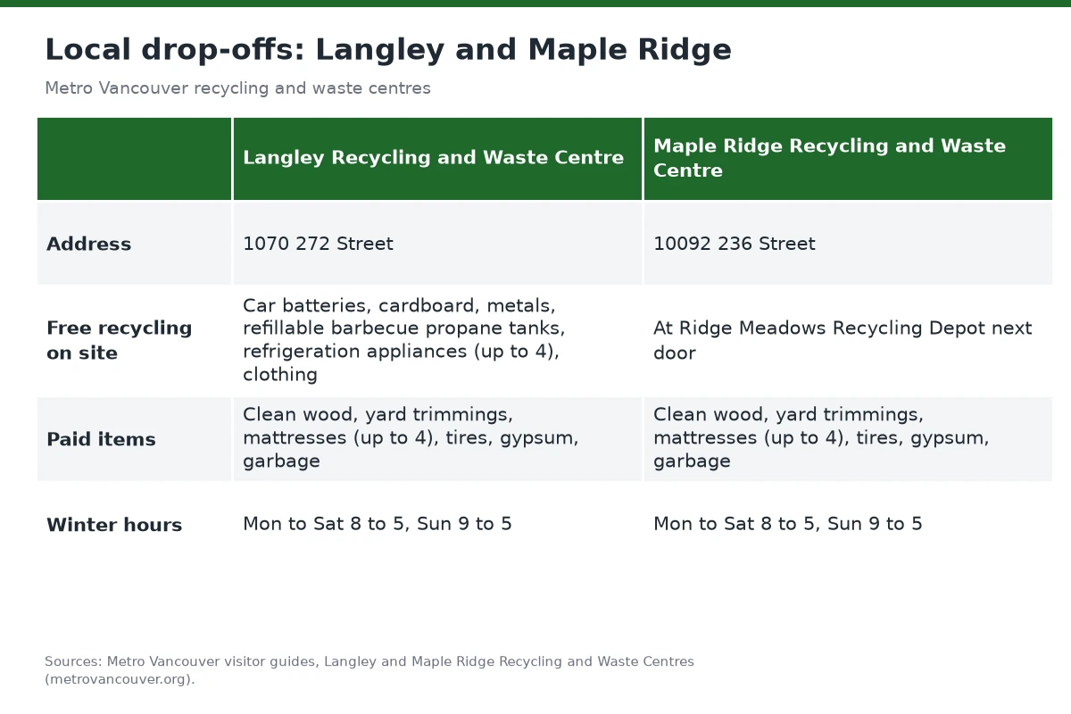 Table comparing the Langley and Maple Ridge recycling and waste centres: addresses, free items, paid items and hours.